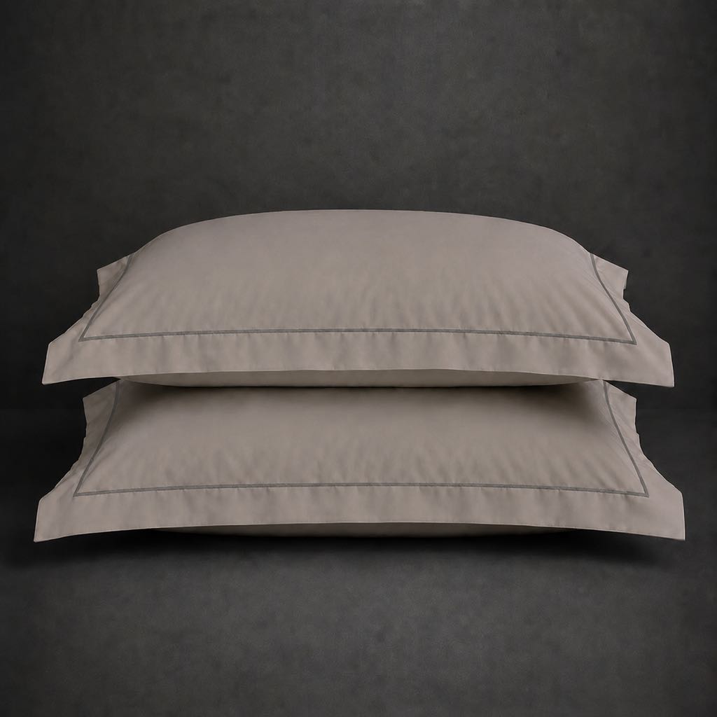 Stone 100% cotton percale 200TC Oxford pillow case, Standard and King, grey one row satin stitch — stacked pair view.