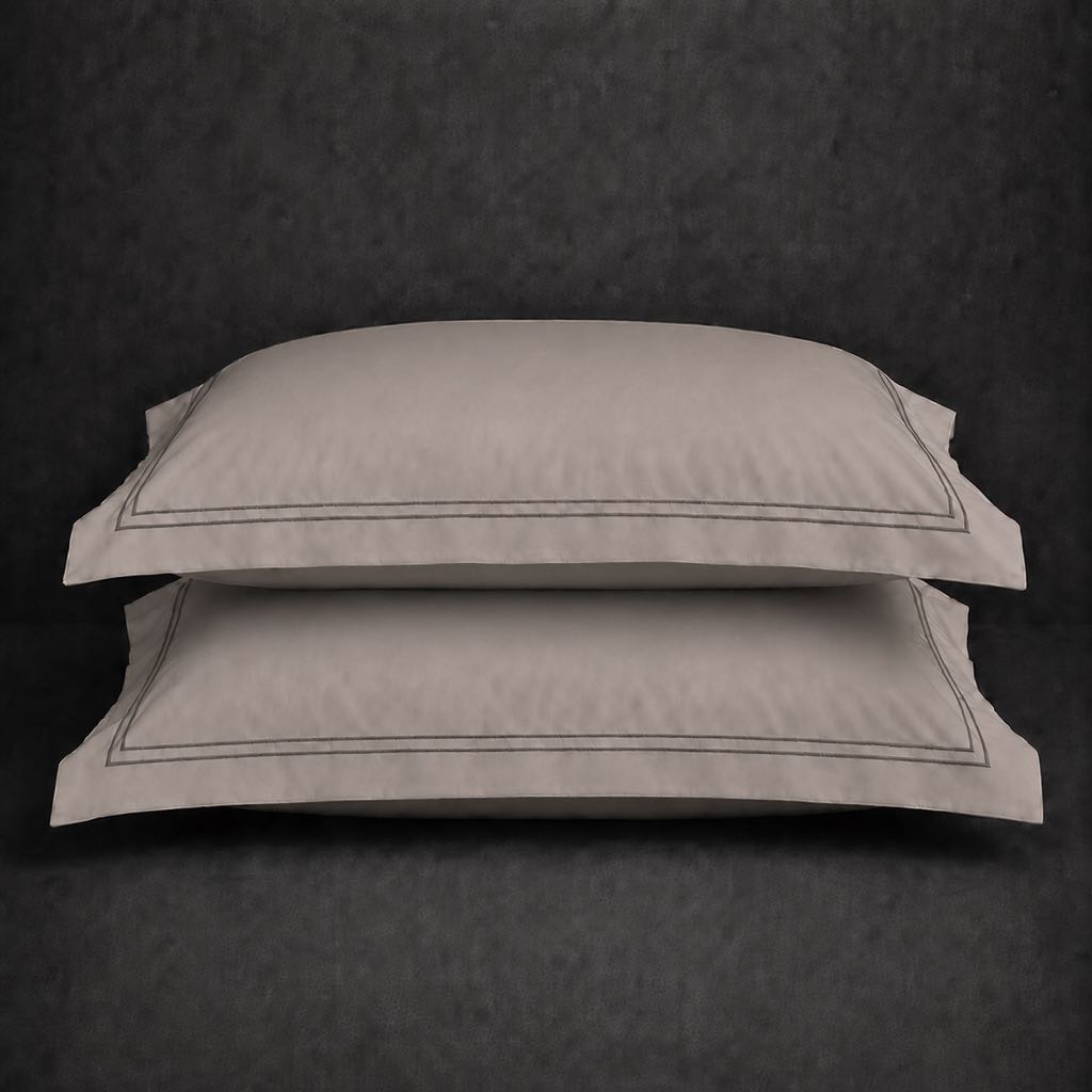 Stone 100% cotton percale 200TC Oxford pillow case, Standard and King, grey two row satin stitch — stacked pair view.