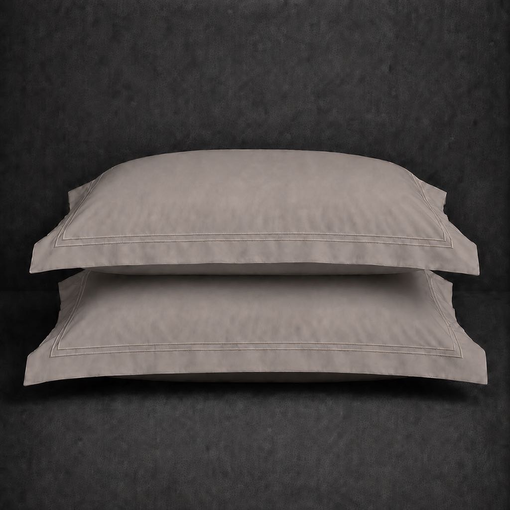Stone 100% cotton percale 200TC Oxford pillow case, Standard and King, stone two row satin stitch — stacked pair view.