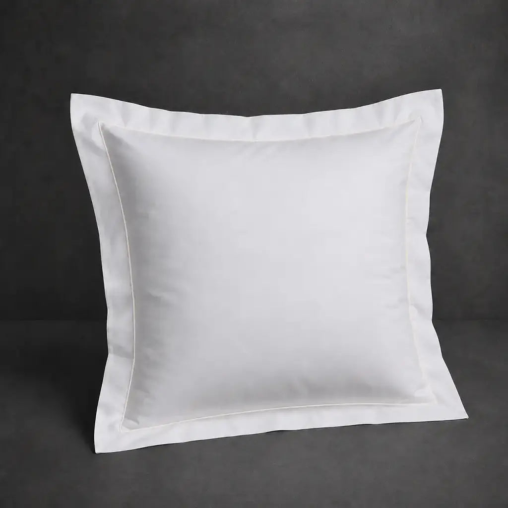 White 100% cotton percale 200TC Oxford pillow case, Continental, natural cream one-row satin stitch — front view.