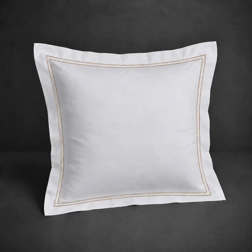 White 100% cotton percale 200TC Oxford pillow case, Continental, stone two-row satin stitch — front view.