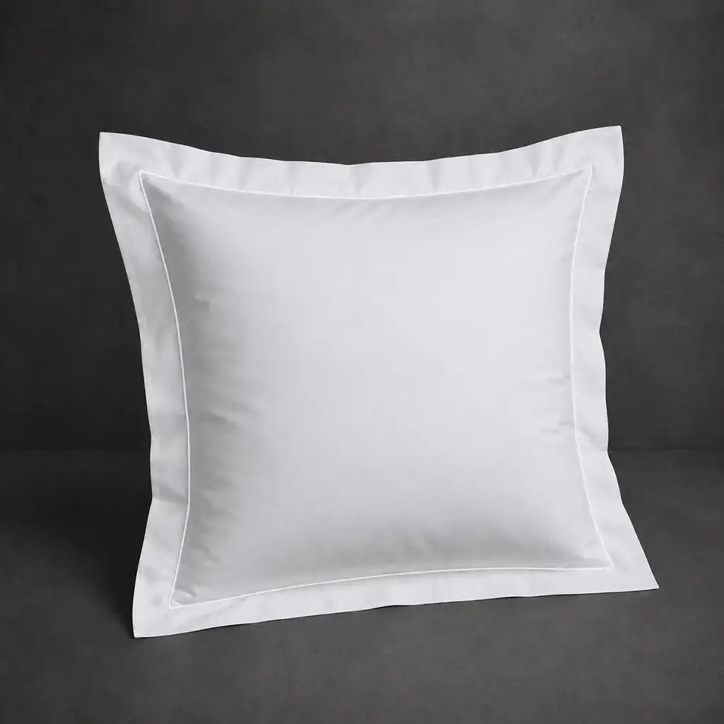 White 100% cotton percale 200TC Oxford pillow case, Continental, white one-row satin stitch — front view.