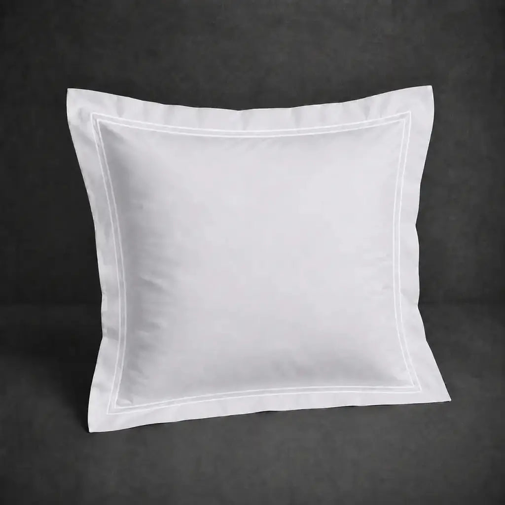 White 100% cotton percale 200TC Oxford pillow case, Continental, white two-row satin stitch — front view.