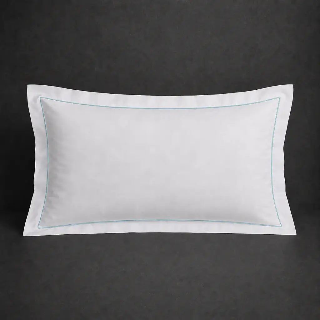 White 100% cotton percale 200TC Oxford pillow case, Standard and King, duck egg one-row satin stitch — front view.