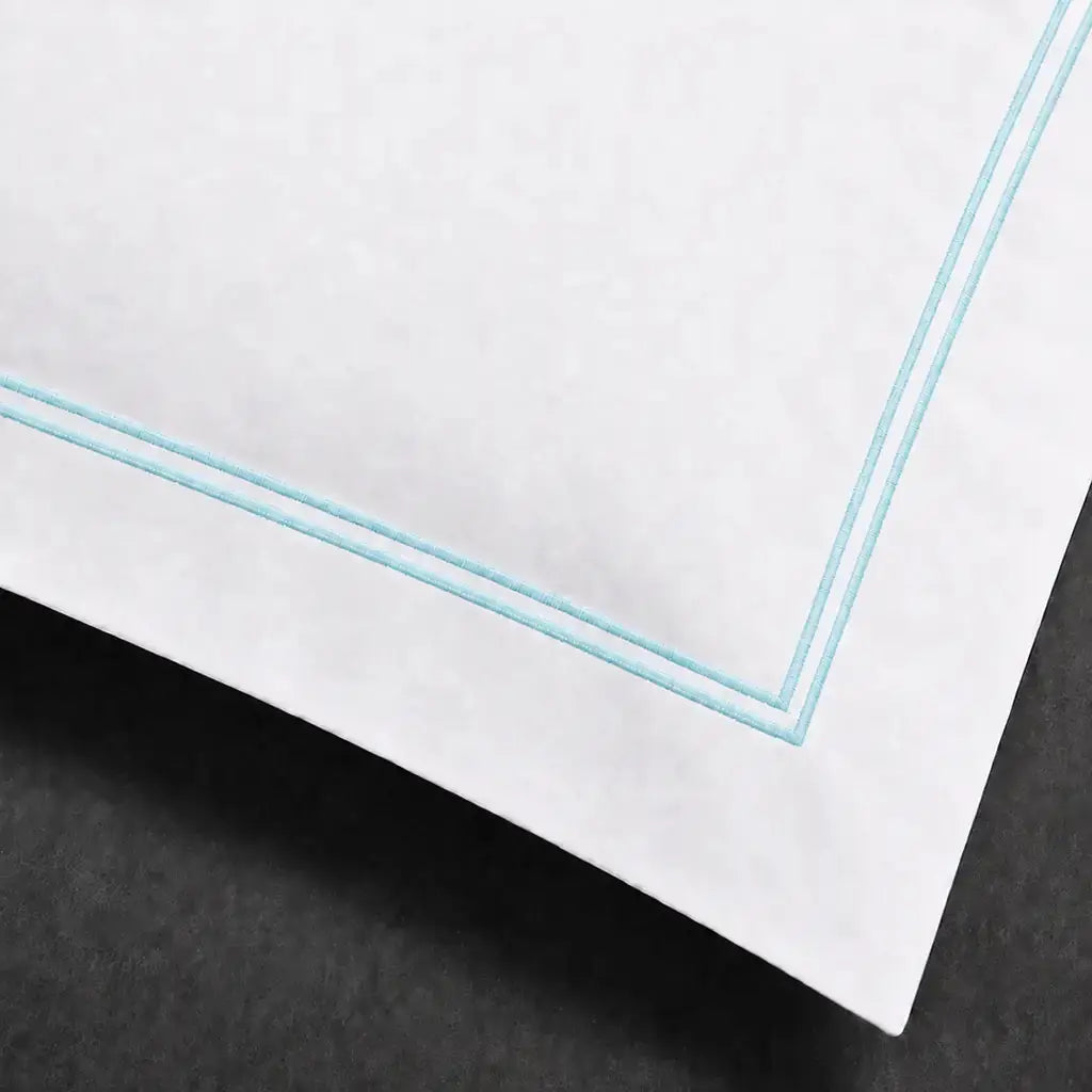 White 100% cotton percale 200TC Oxford pillow case, Standard and King, duck egg two-row satin stitch — close-up detail.