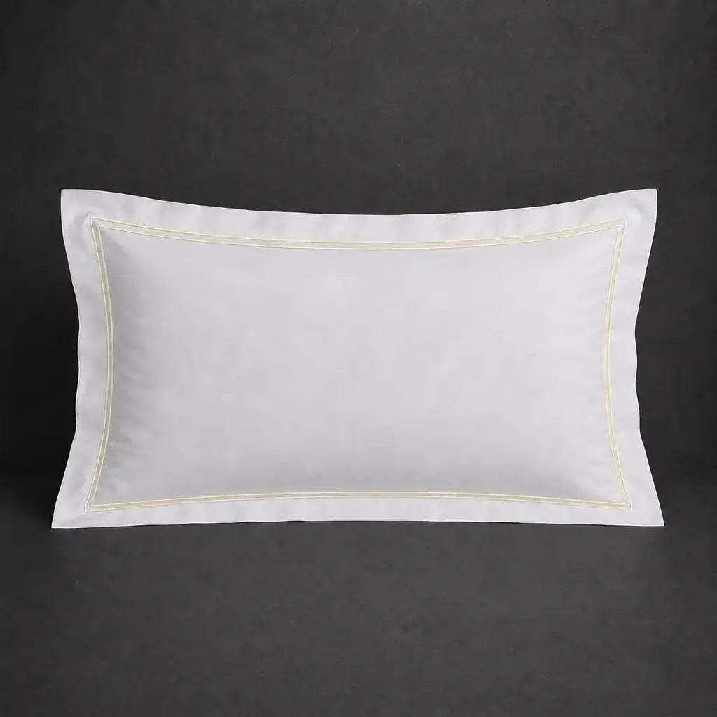 White 100% cotton percale 200TC Oxford pillow case, Standard and King, natural cream two-row satin stitch — front view.