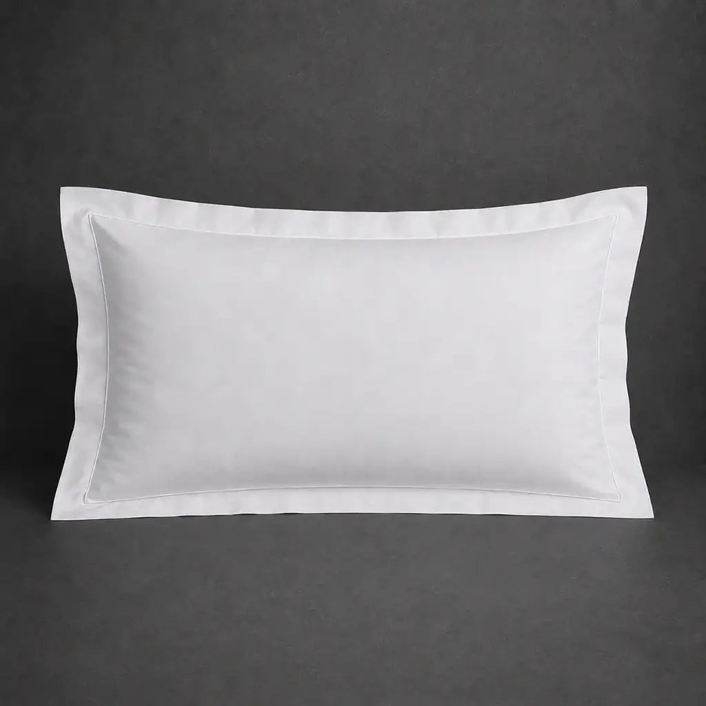 White 100% cotton percale 200TC Oxford pillow case, Standard and King, white one-row satin stitch — front view.