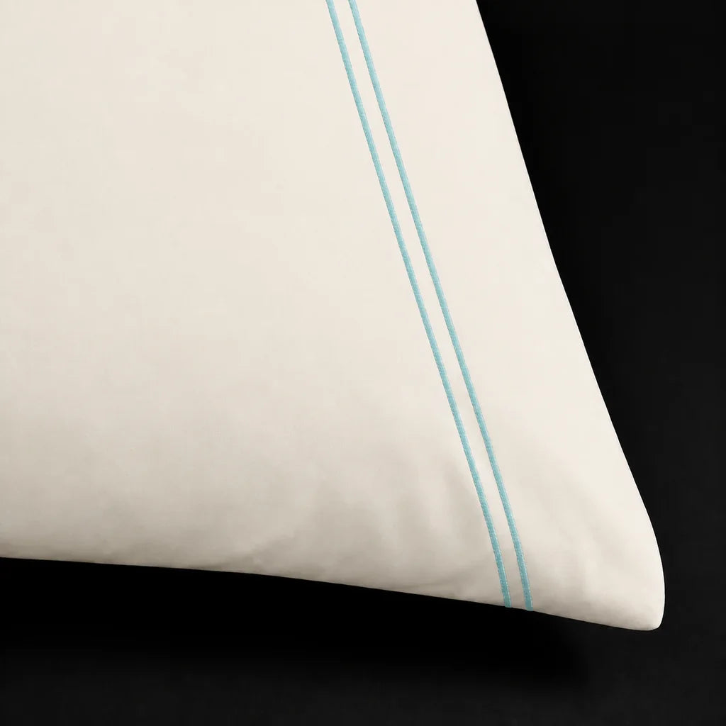 Cream 200TC cotton percale plain duvet cover set with Duck Egg two row satin stitch - satin stitch close-up - Linen and Co