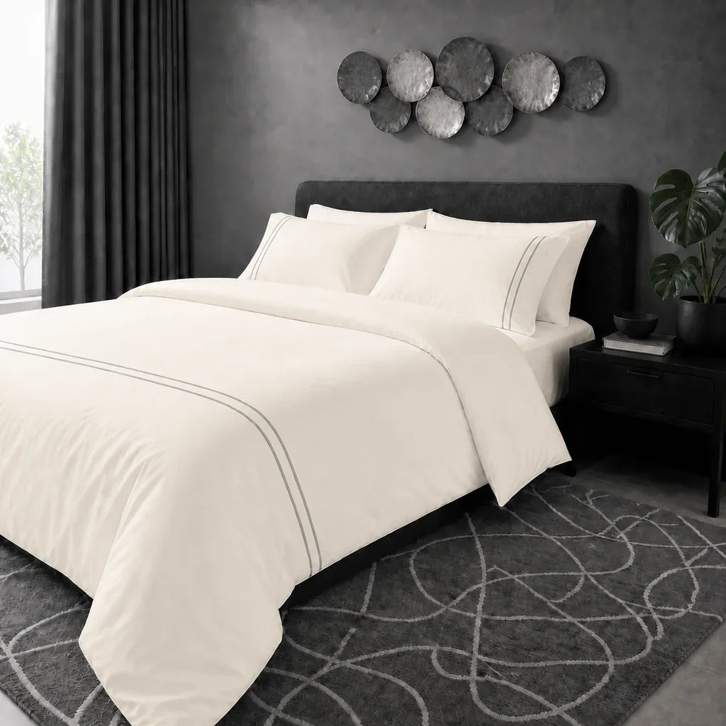 Cream 200TC cotton percale plain duvet cover set with Grey two row satin stitch - hero - Linen and Co