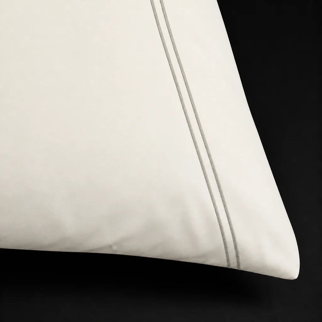 Cream 200TC cotton percale plain duvet cover set with Stone two row satin stitch - satin stitch close-up - Linen and Co