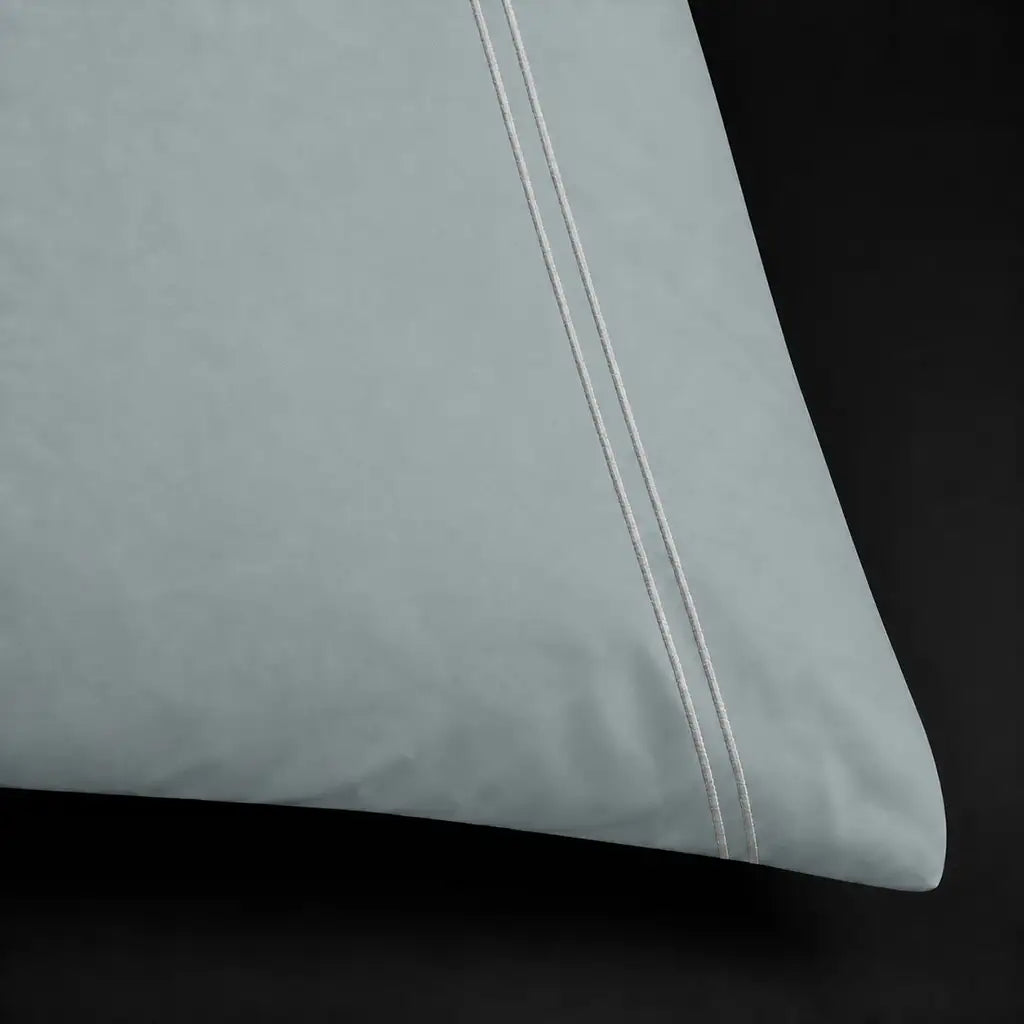 Duck Egg 200TC cotton percale plain duvet cover set with Grey two row satin stitch - close-up - Linen and Co