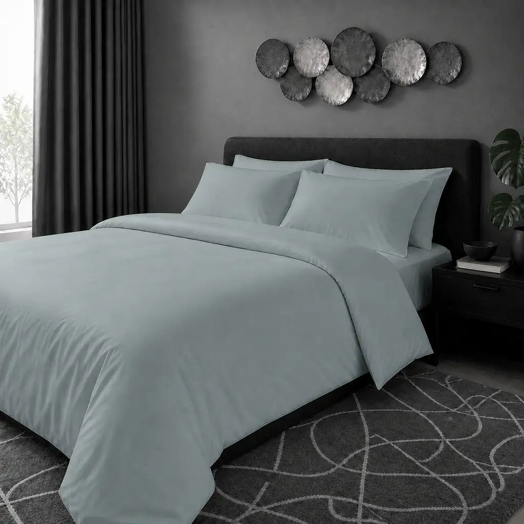 Duck Egg 200TC cotton percale plain duvet cover set with no satin stitch - hero - Linen and Co