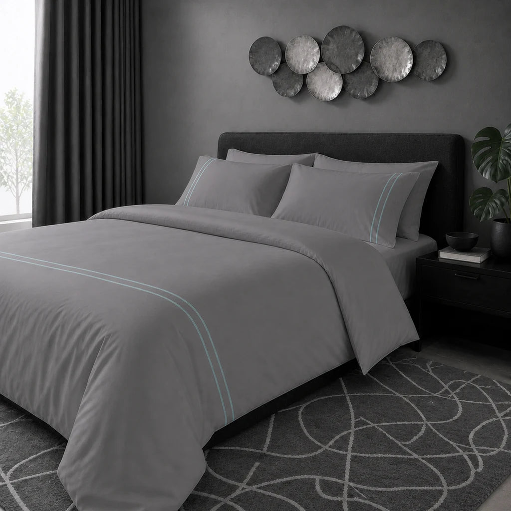 Grey 200TC cotton percale plain duvet cover set with Duck Egg two row satin stitch - hero - Linen and Co