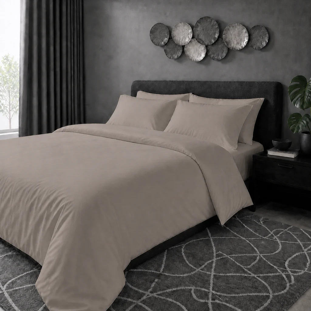 Stone 200TC cotton percale plain duvet cover set with no satin stitch - hero - Linen and Co