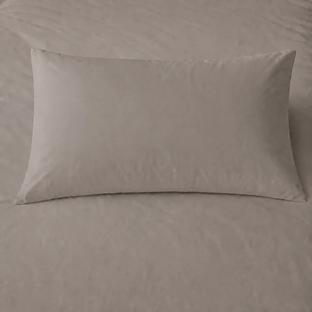 Stone 200TC cotton percale plain duvet cover set with no satin stitch - pillow on bed - Linen and Co