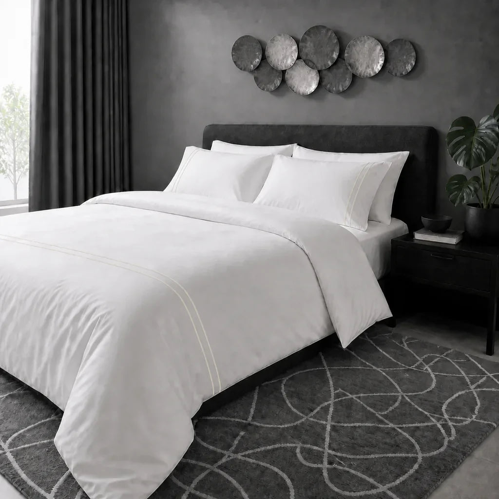 White 200TC plain duvet cover with Cream two row satin stitch - hero - Linen and Co