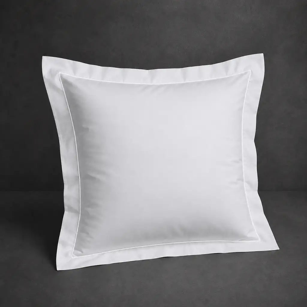 White 100% cotton percale 300TC Oxford pillow case, Continental, white one-row satin stitch — front view.