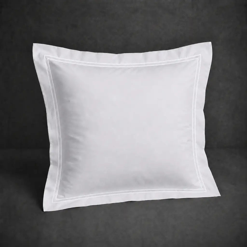 White 100% cotton percale 300TC Oxford pillow case, Continental, white two-row satin stitch — front view.