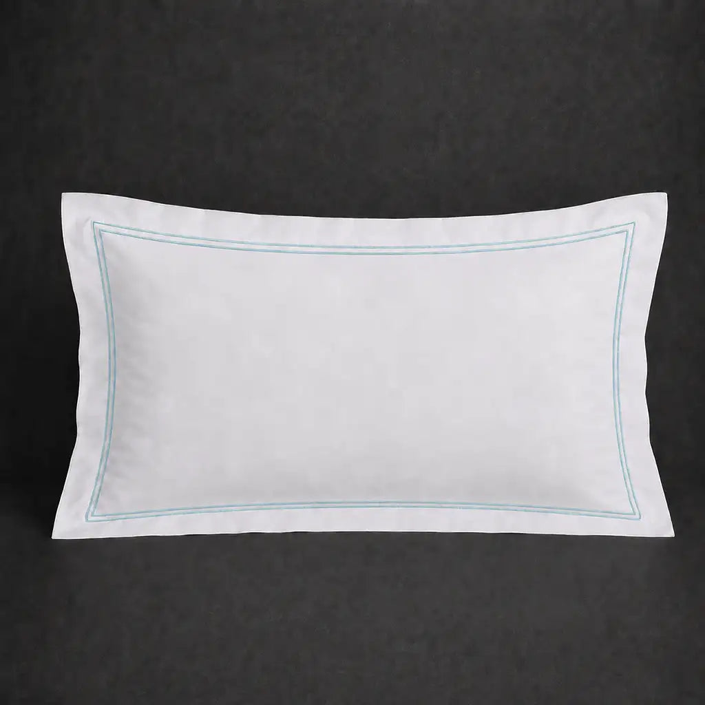 White 100% cotton percale 300TC Oxford pillow case, Standard and King, duck egg two-row satin stitch — front view.