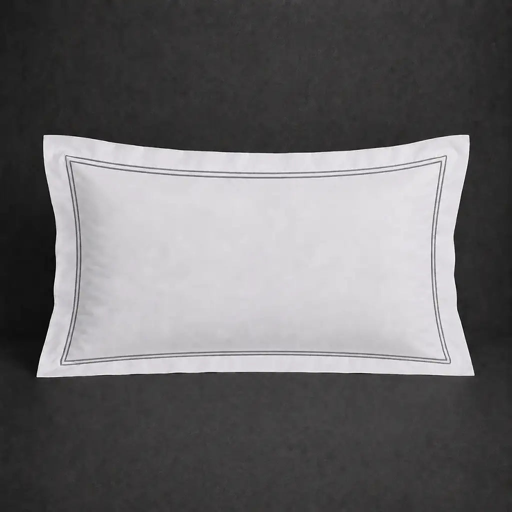 White 100% cotton percale 300TC Oxford pillow case, Standard and King, grey two-row satin stitch — front view.