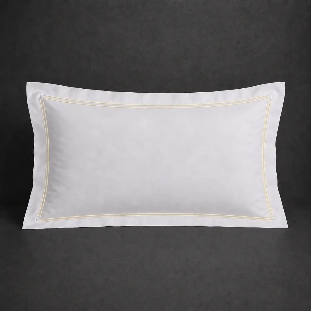 White 100% cotton percale 300TC Oxford pillow case, Standard and King, natural cream two-row satin stitch — front view.