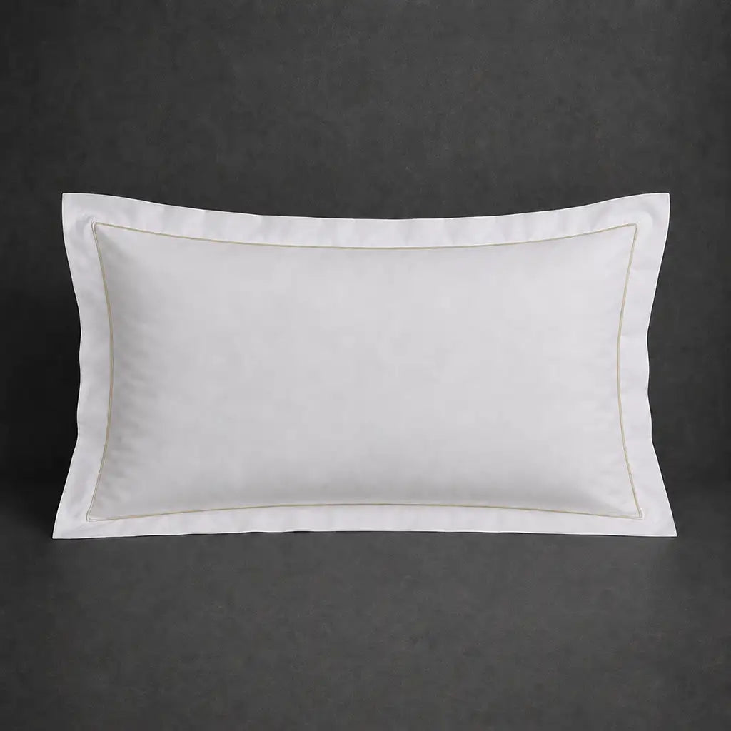 White 100% cotton percale 300TC Oxford pillow case, Standard and King, stone one-row satin stitch — front view.