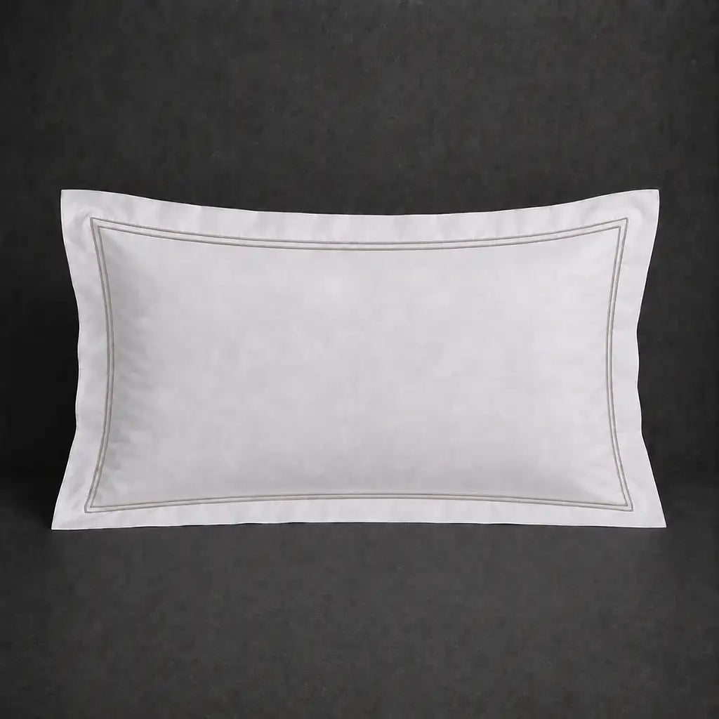 White 100% cotton percale 300TC Oxford pillow case, Standard and King, stone two-row satin stitch — front view.