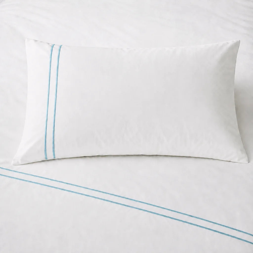 White 300TC plain duvet cover with Duck Egg two row satin stitch - close-up - Linen and Co