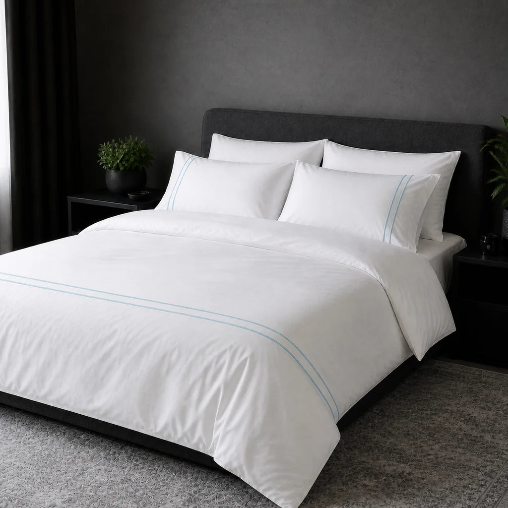 White 300TC plain duvet cover with Duck Egg two row satin stitch - hero - Linen and Co