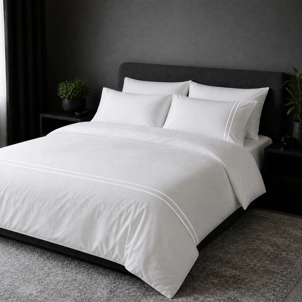 White 300TC plain duvet cover with White two row satin stitch - hero - Linen and Co