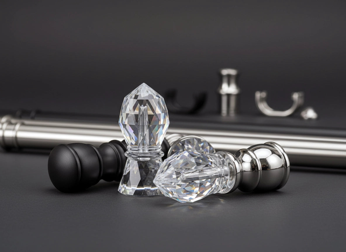 Curtain rods and accessories collection by Linen and Co - stainless steel finials, brackets, and hardware on dark background