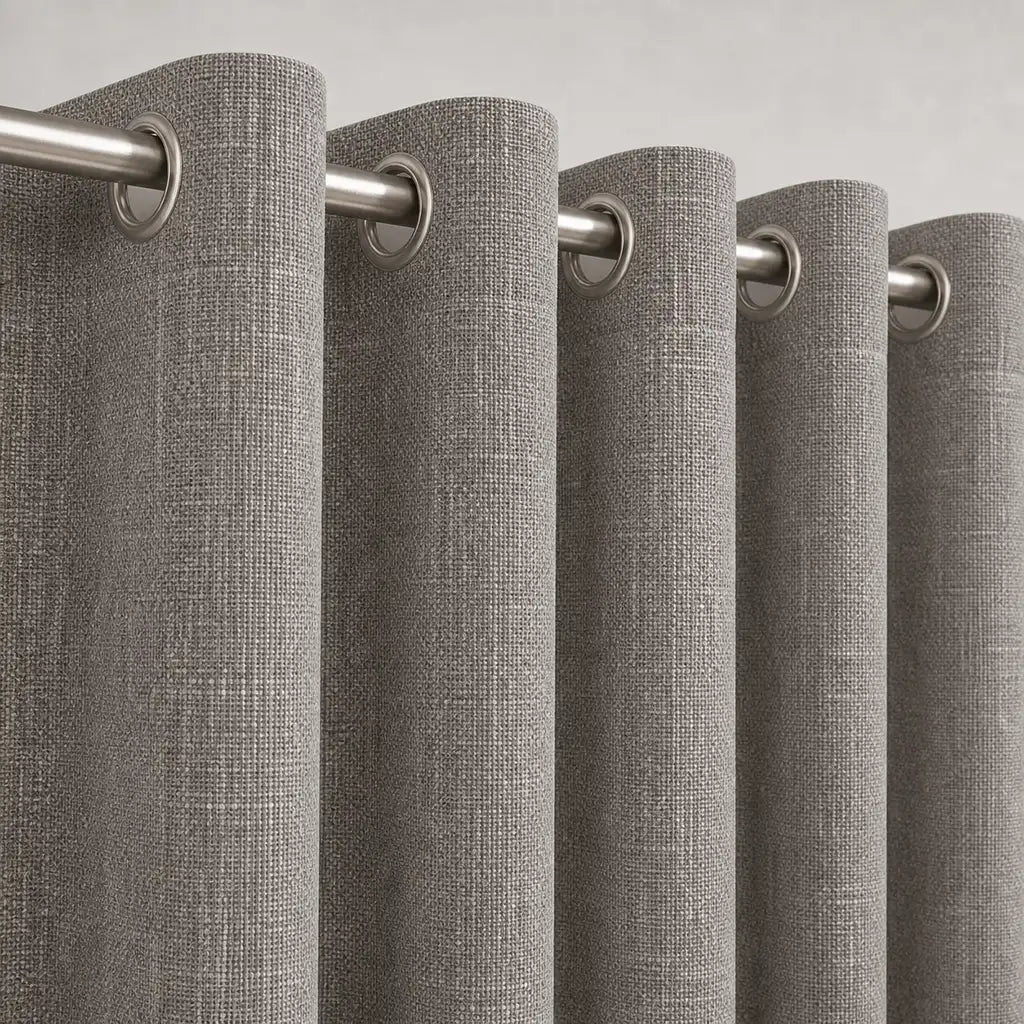 Close-up of Daloa Coffee blockout eyelet curtain fabric by Silk House for Linen & Co