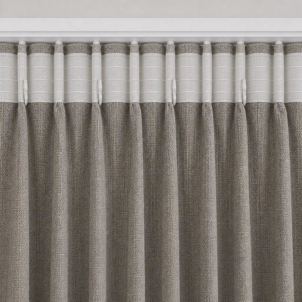 Close-up of Daloa Coffee blockout taped curtain fabric by Silk House for Linen & Co