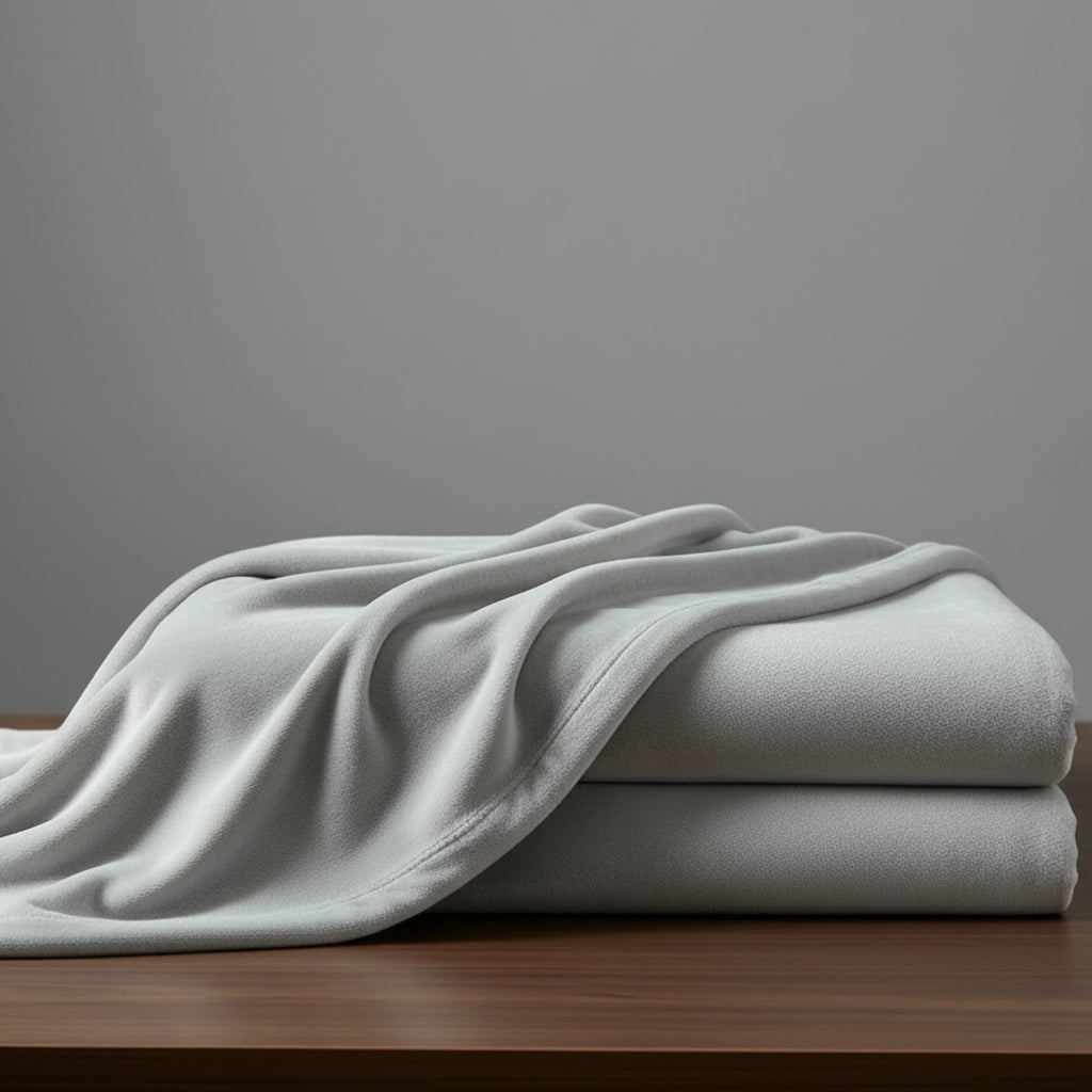 Dove Grey microfibre blanket by Linen and Co, neatly folded to showcase soft, plush texture for hospitality and home.