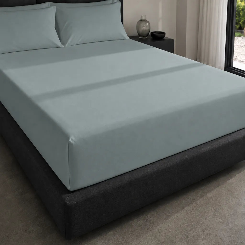 Duck Egg Cotton Percale 200TC Fitted Sheets on mattress - Linen and Co