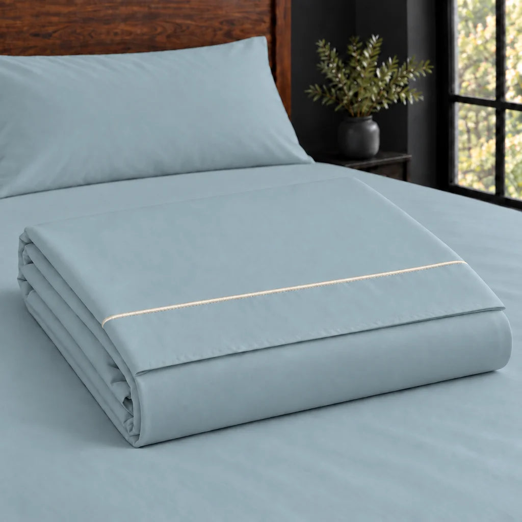 duck egg cotton percale 200tc flat sheet, one row cream satin stitch — construction — Linen and Co