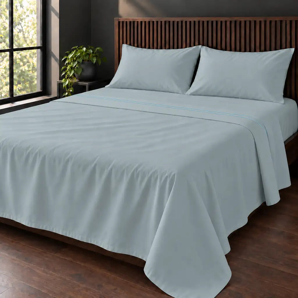duck egg cotton percale 200tc flat sheet, two row duck egg satin stitch — hero — Linen and Co