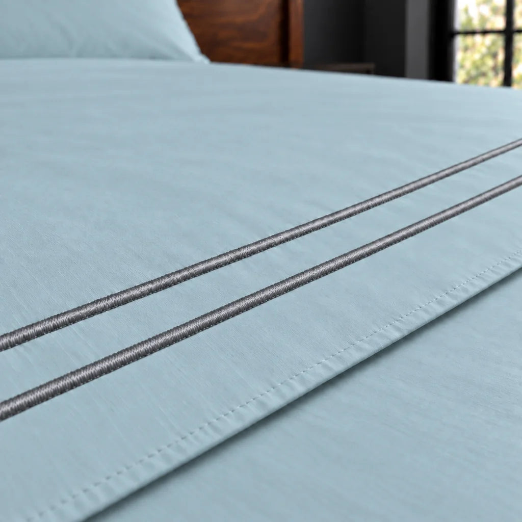 duck egg cotton percale 200tc flat sheet, two row grey satin stitch — close up — Linen and Co