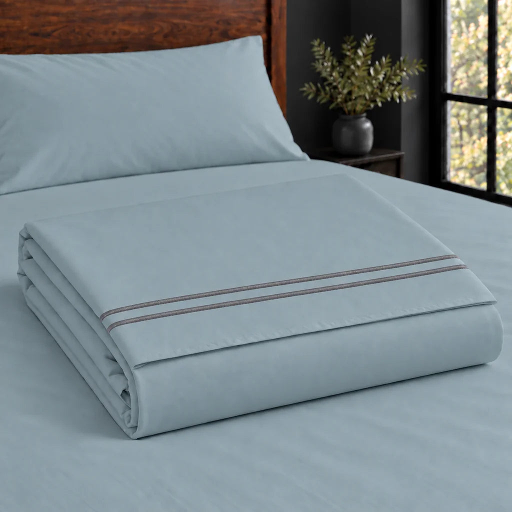 duck egg cotton percale 200tc flat sheet, two row grey satin stitch — construction — Linen and Co