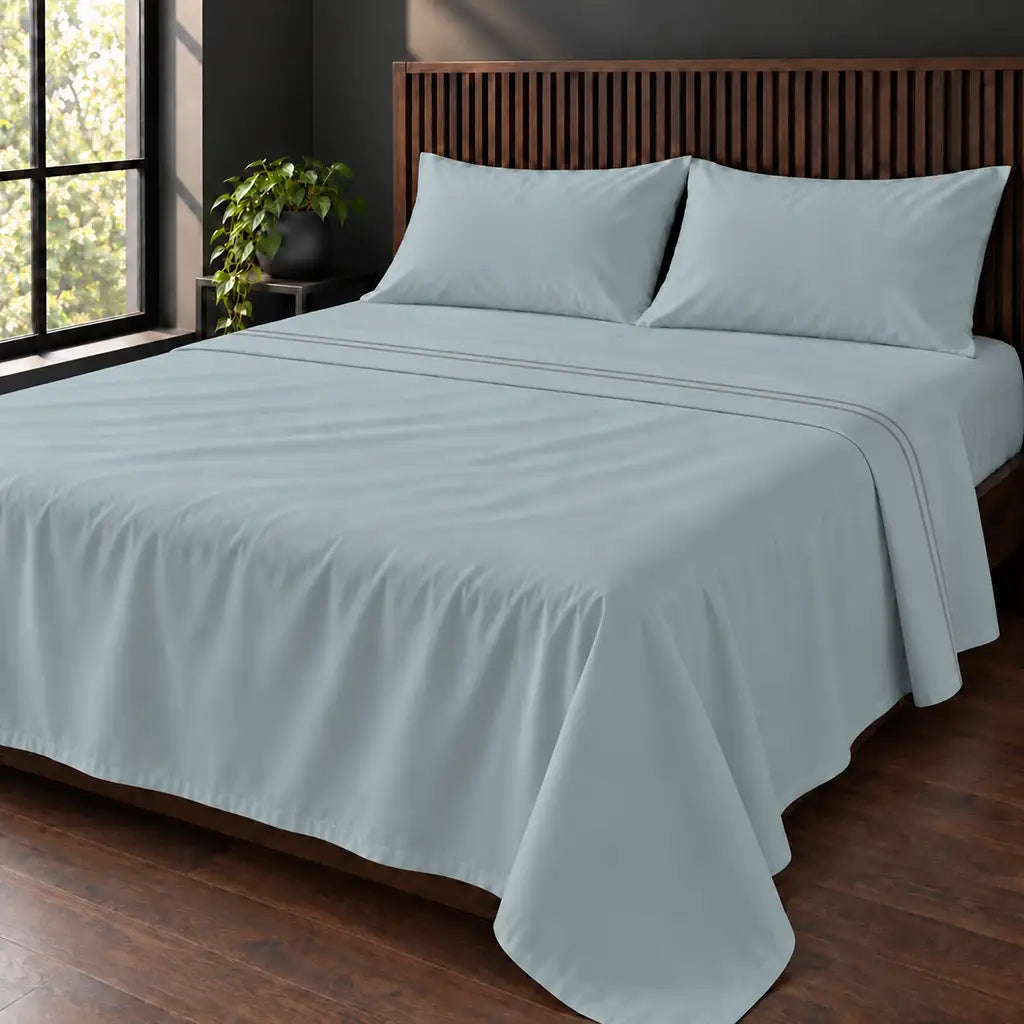duck egg cotton percale 200tc flat sheet, two row grey satin stitch — hero — Linen and Co