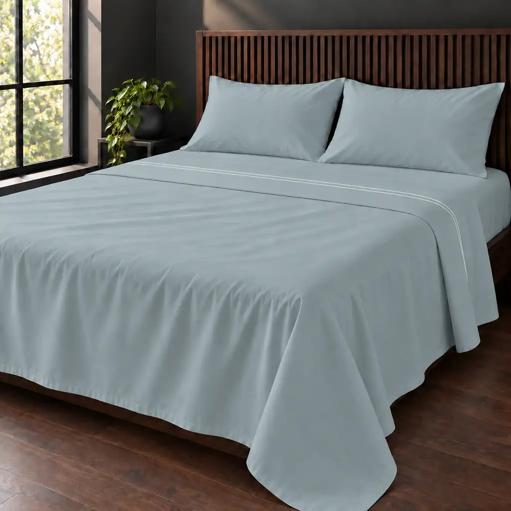duck egg cotton percale 200tc flat sheet, two row white satin stitch — hero — Linen and Co