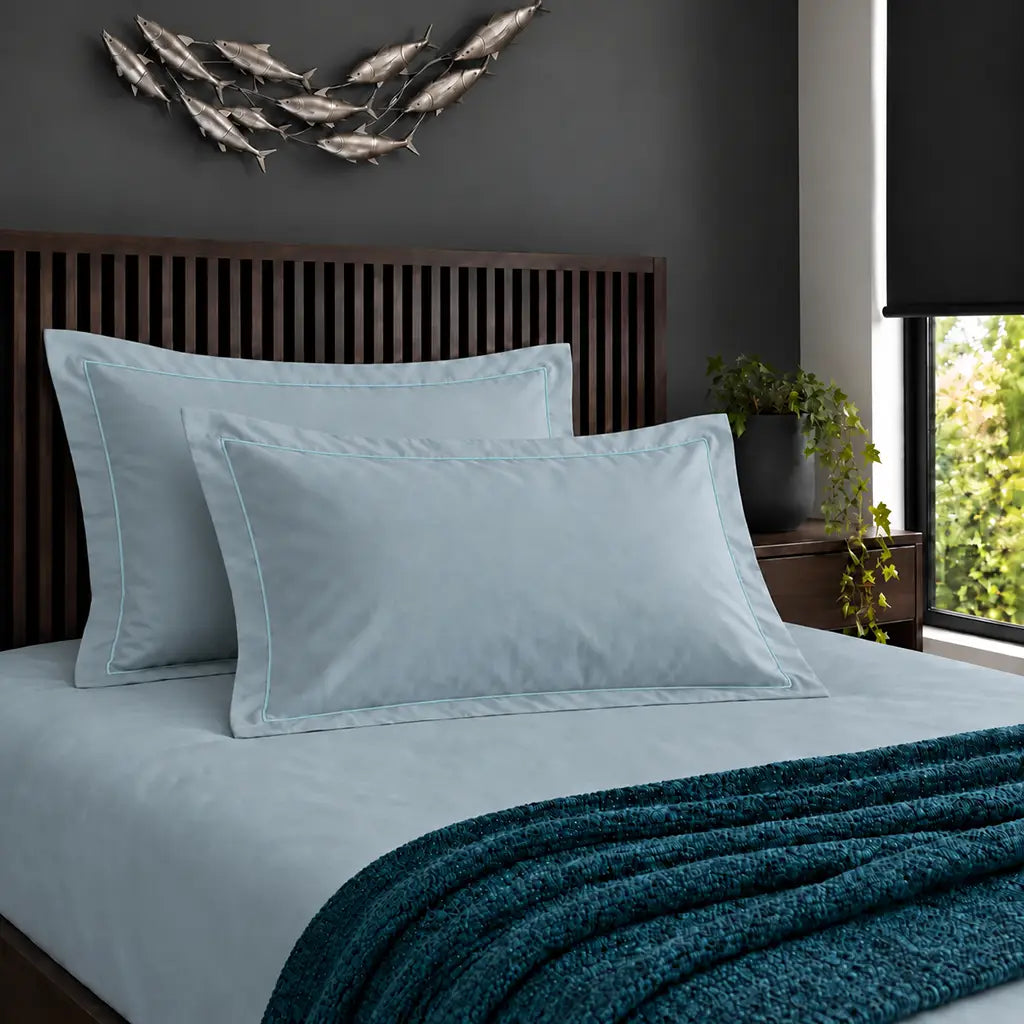 Oxford duck egg 200TC cotton percale pillowcases with one row duck egg satin stitch border by Linen and Co