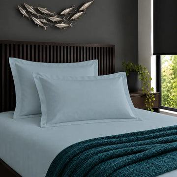 Oxford duck egg 200TC cotton percale pillowcases with no satin stitch border by Linen and Co