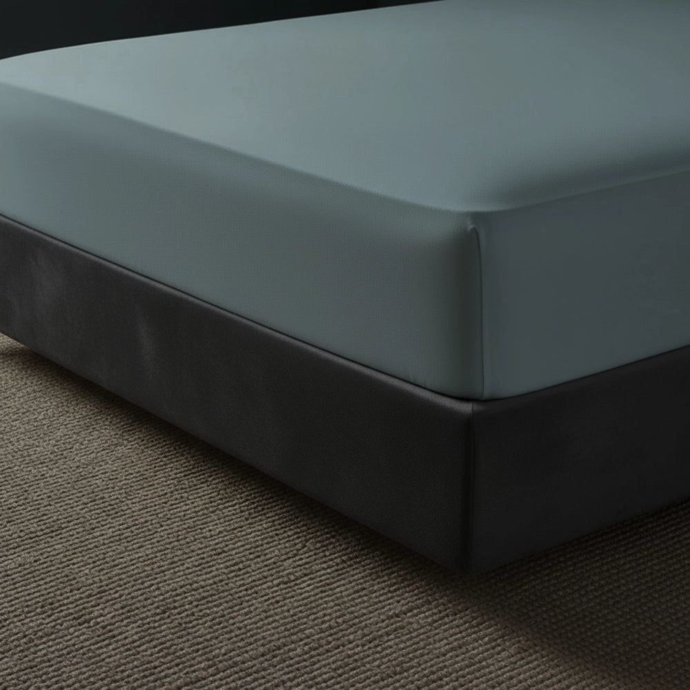 Duck Egg fitted sheet on grey bed frame by Linen and Co - premium hospitality bed linen