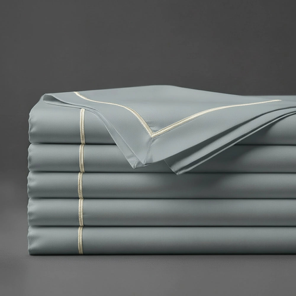 Duck Egg Flat Sheet with Cream Satin Stitch by Linen and Co - premium bed linen