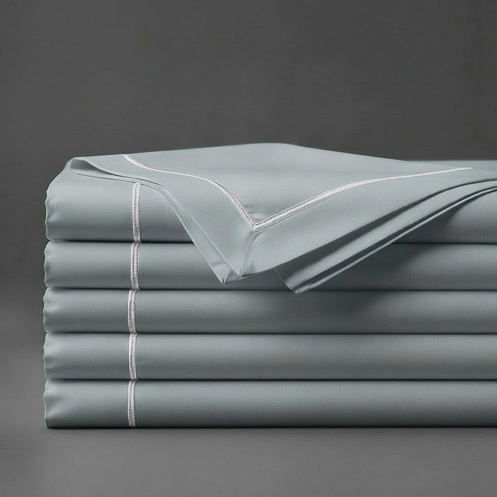 Duck Egg Flat Sheet with Grey Satin Stitch by Linen and Co - premium bed linen