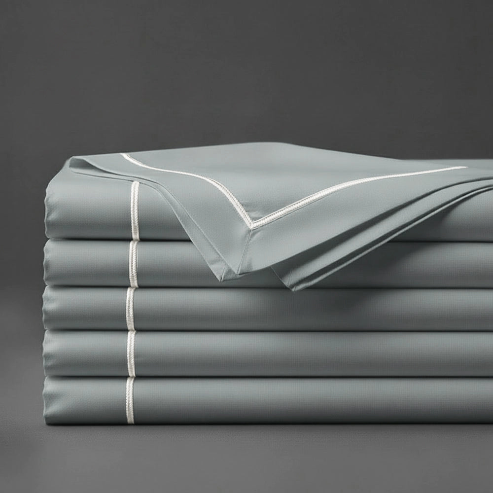 Duck Egg Flat Sheet with White Satin Stitch by Linen and Co - premium bed linen