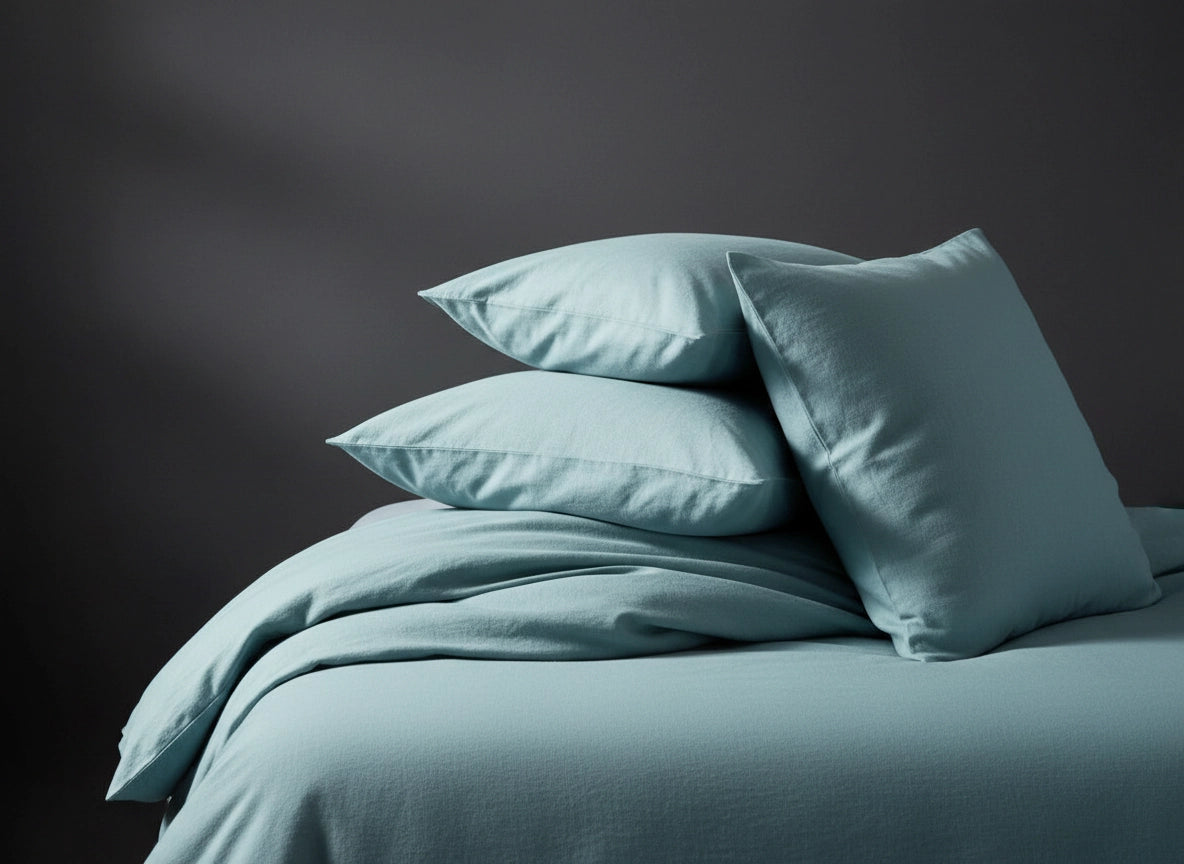 Duck Egg percale bed linen set with pillows and duvet on bed by Linen and Co - luxury hospitality bedding collection