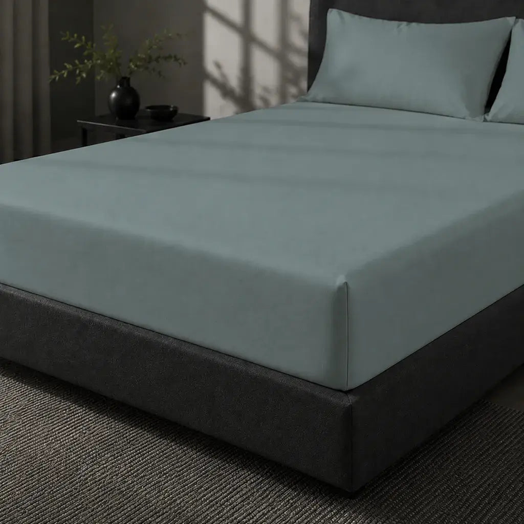 Duck Egg Polycotton Percale 200TC Fitted Sheets on mattress - Linen and Co