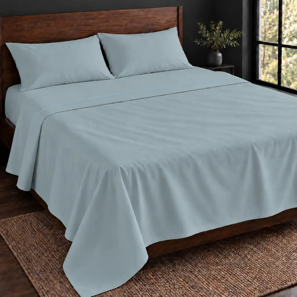 duck egg polycotton percale 200tc flat sheet, one row duck egg satin stitch — hero — Linen and Co